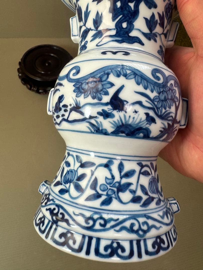 2903 中国骨董　大明萬暦年製銘　染付唐草青花　花瓶　花台付　時代物