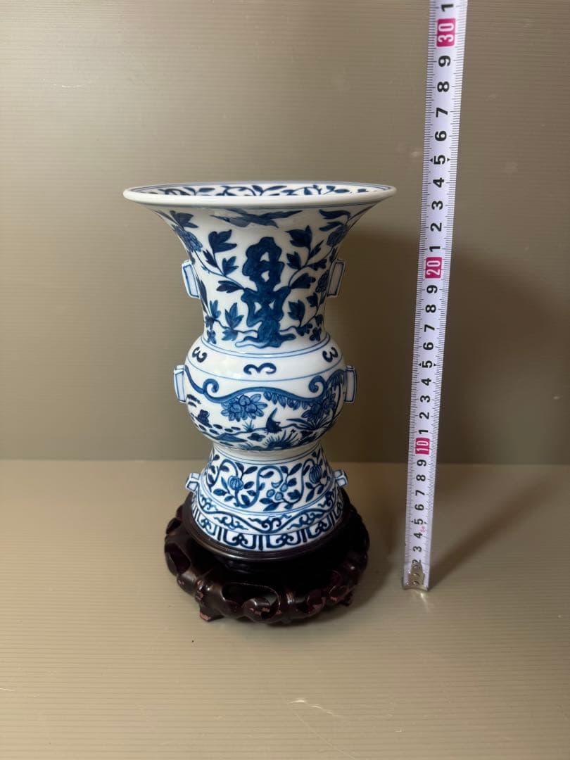 2903 中国骨董　大明萬暦年製銘　染付唐草青花　花瓶　花台付　時代物