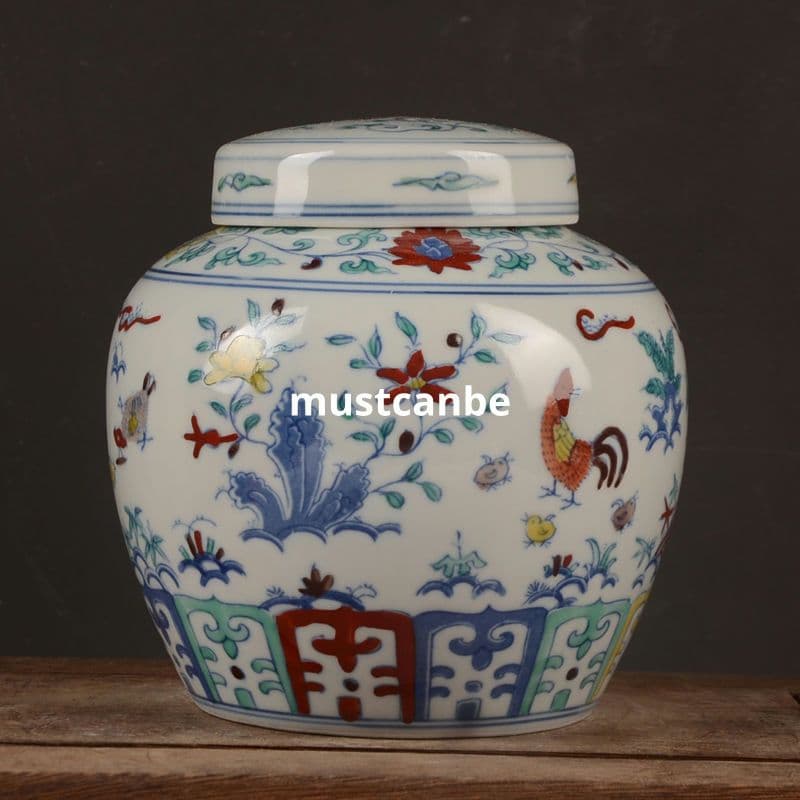 明成化手画斗彩鶏紋天字 缶茶壺 景徳鎮 陶磁器 装飾品 現代工芸品 美術品 置物