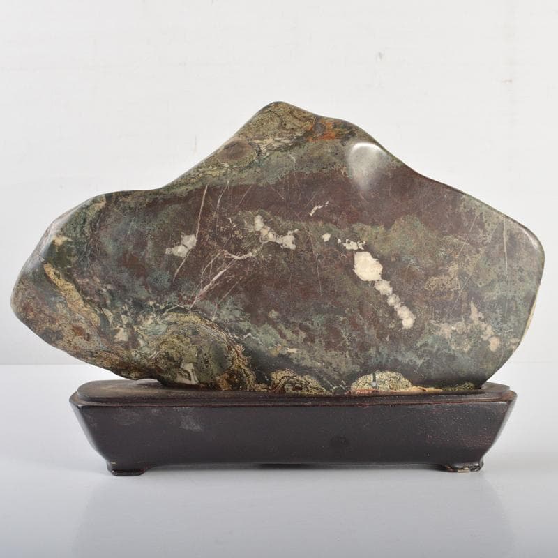 天然石　鑑賞石　菊花石　置物　重さ約1kg　唐木台付　V　R6665