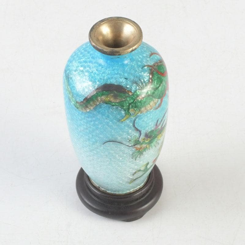 中国　古七宝琺瑯彩　龍文瓶　唐木台　時代箱付　V　9724