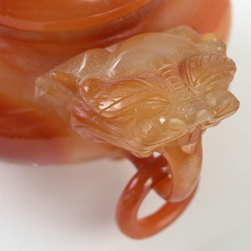 中国　赤瑪瑙彫刻　雙耳活環　獅子鈕蓋爐　香炉　D　R9079