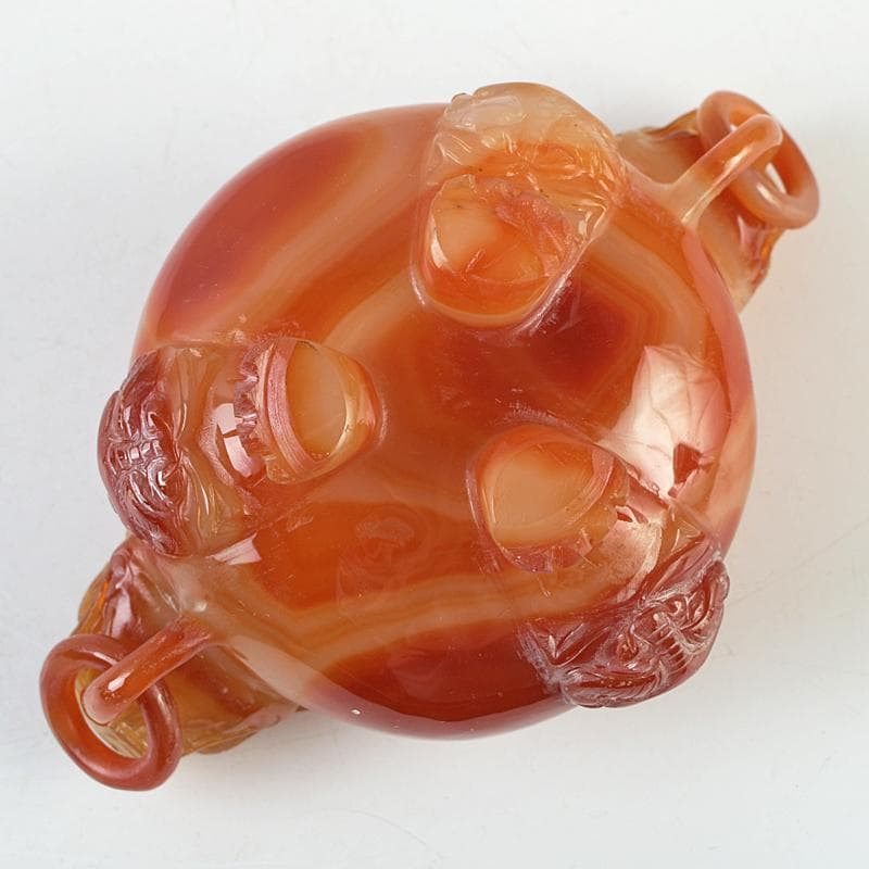 中国　赤瑪瑙彫刻　雙耳活環　獅子鈕蓋爐　香炉　D　R9079