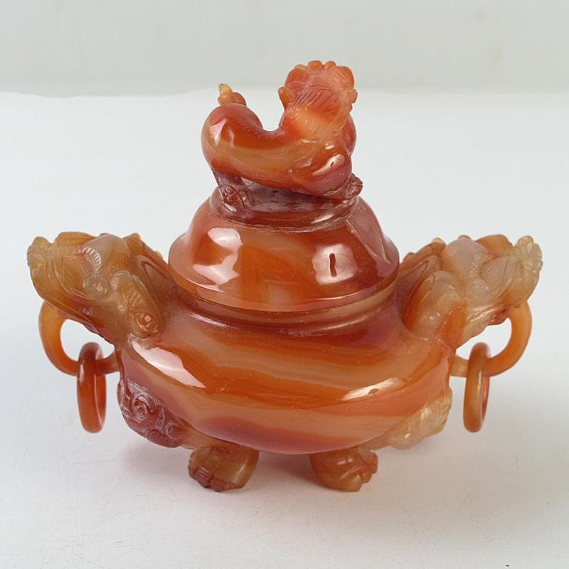 中国　赤瑪瑙彫刻　雙耳活環　獅子鈕蓋爐　香炉　D　R9079