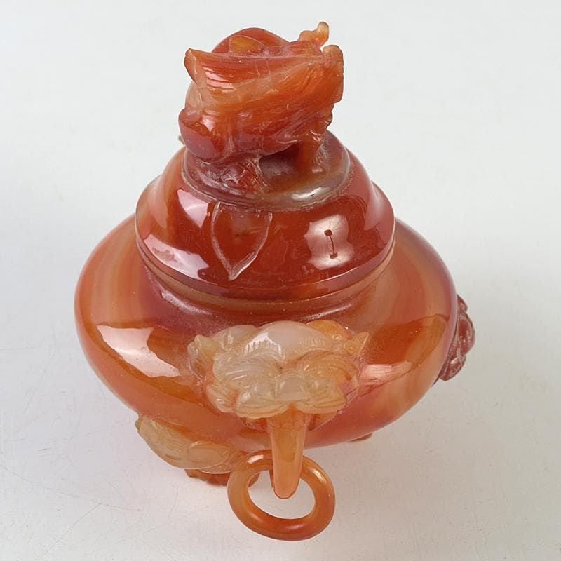 中国　赤瑪瑙彫刻　雙耳活環　獅子鈕蓋爐　香炉　D　R9079