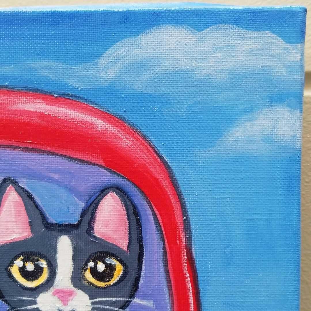 油絵　専用　ドライブに出発する猫の家族