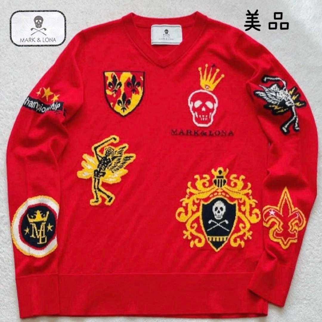 美品　マークアンドロナ　ニット　セーター　レッド　柄　ウール　ラインストーン