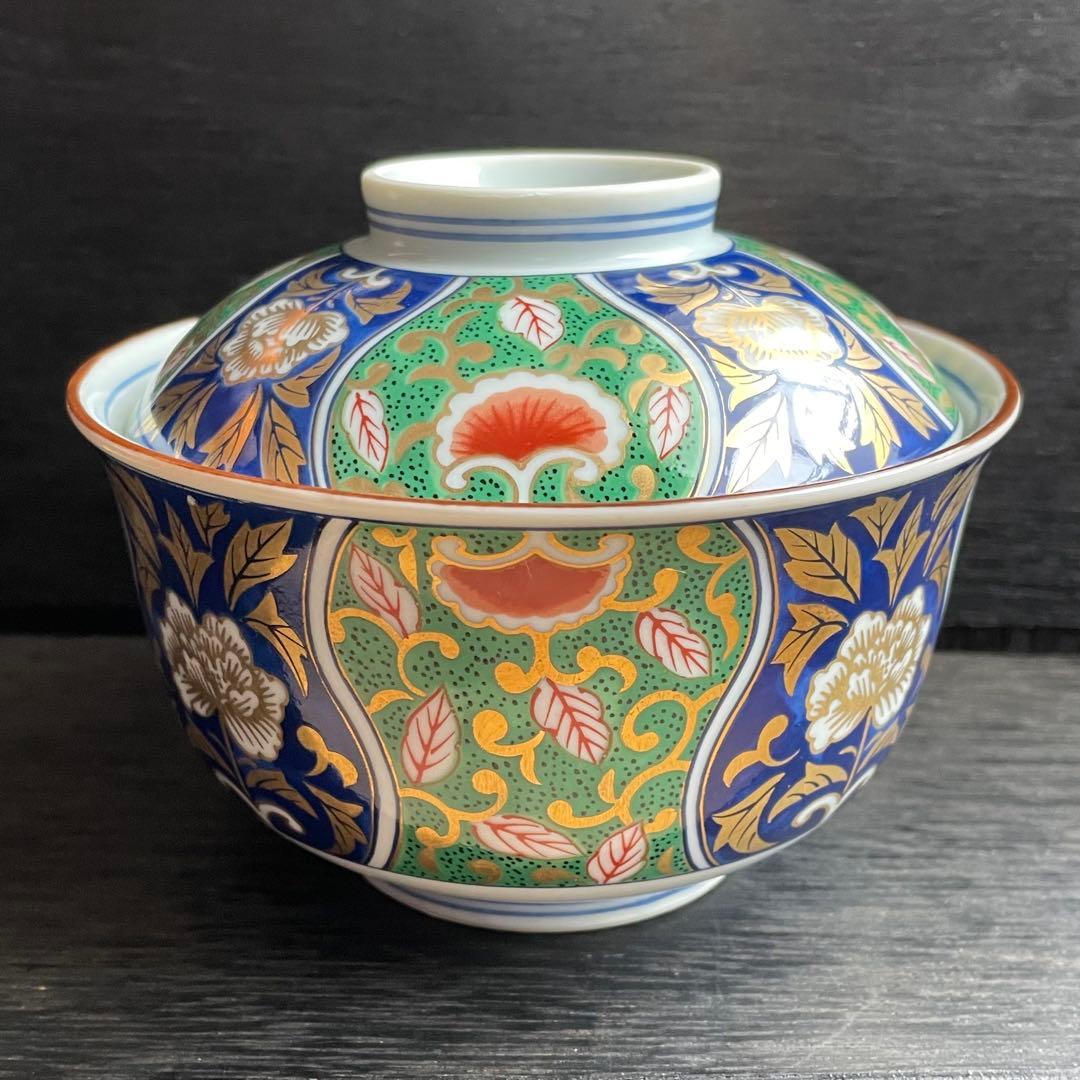 【未使用】前畑陶器 庫山窯 緑金唐草 御碗揃 蓋付 5客 小丼碗 【廃盤品】