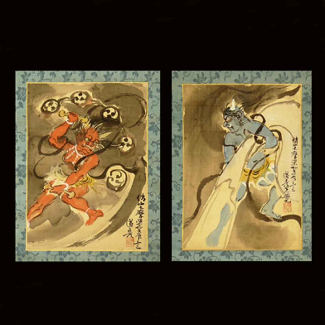豊作や厄除け 風神雷神掛軸　津端 道彦(つばた みちひこ)真作　希少日本画