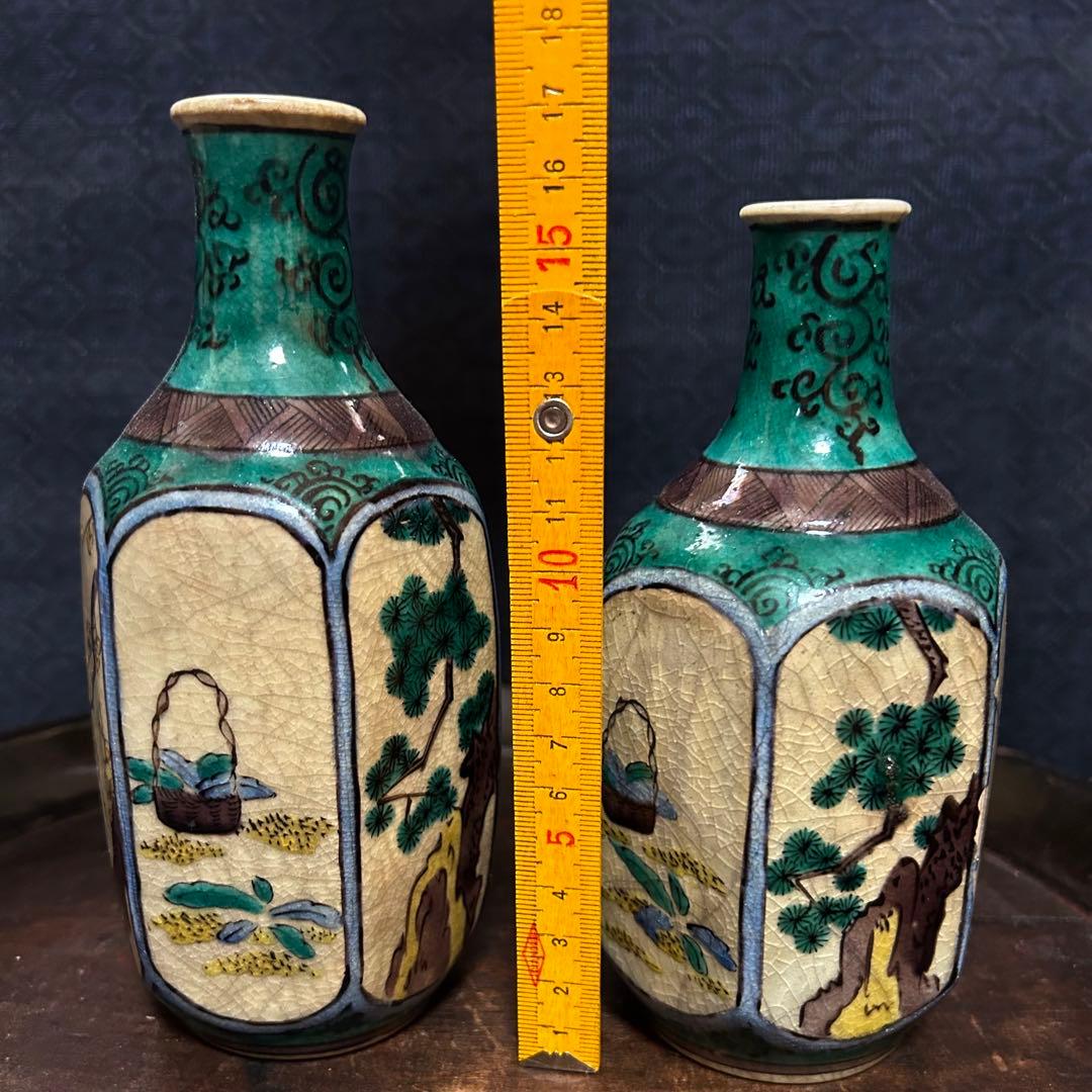 群馬県からの蔵出品　江戸〜明治期頃　青手面取窓絵九谷徳利　一対　無傷　本物保証