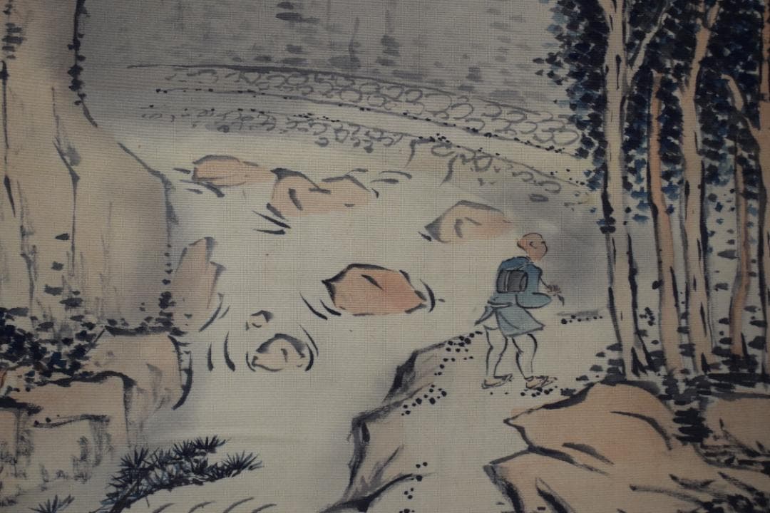 【真作】大西太白/山水人物画賛/備中豪渓之図/掛軸☆宝船☆Z-100