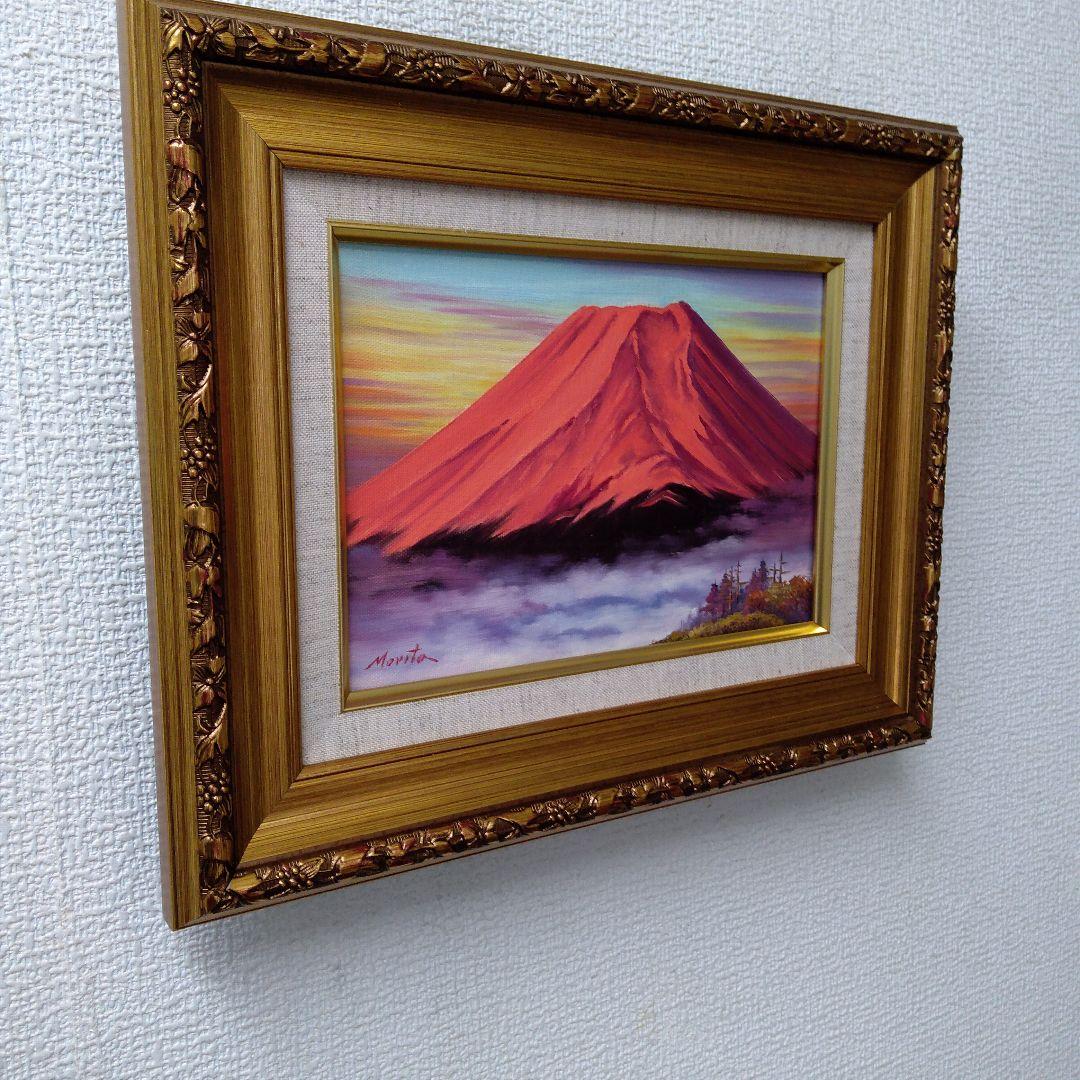 肉質油絵　横　赤富士　額縁入り仕上げ