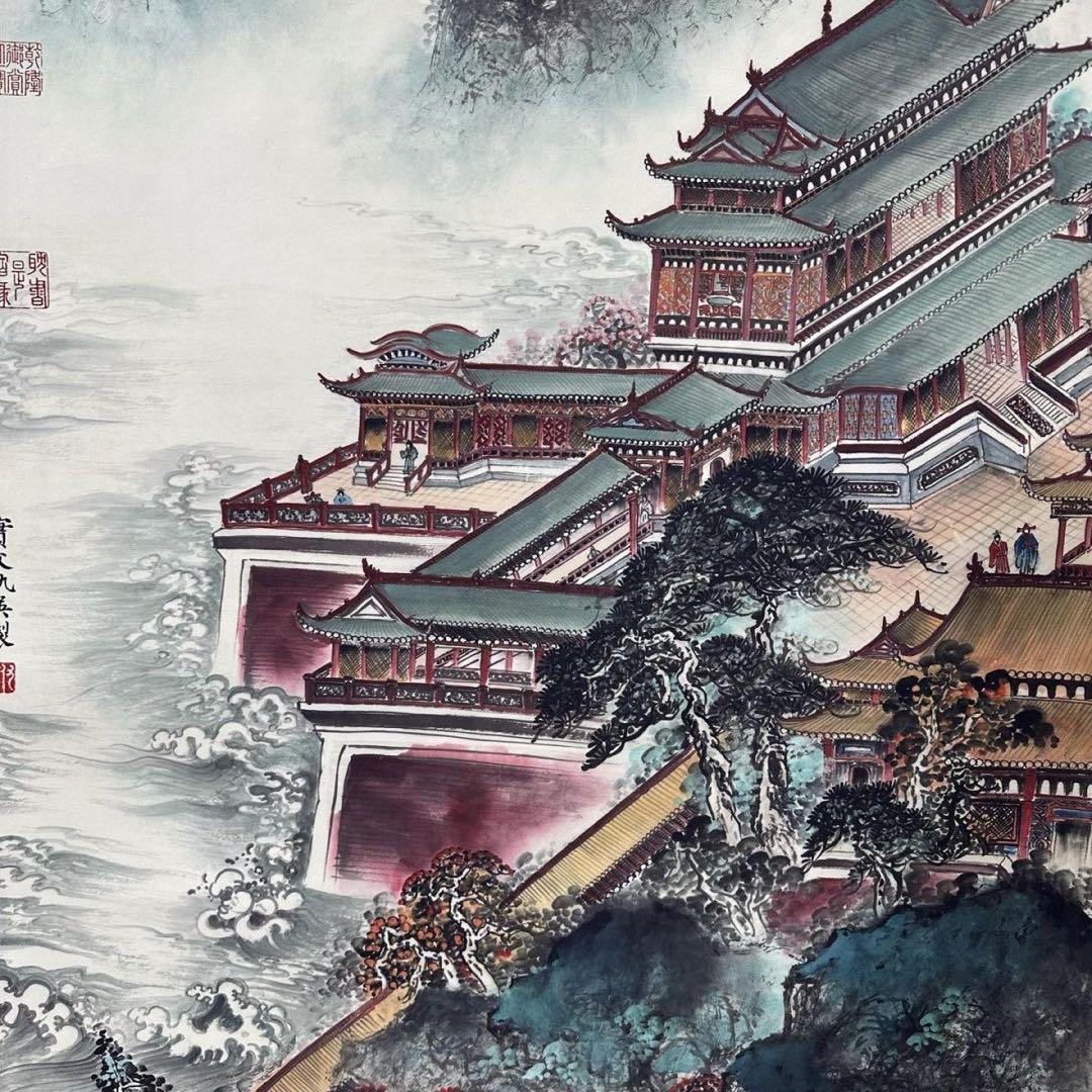 仇英 山水画 掛け軸 中堂 蓬莱仙境図 中国画 表装済 サイズ：77×175cm