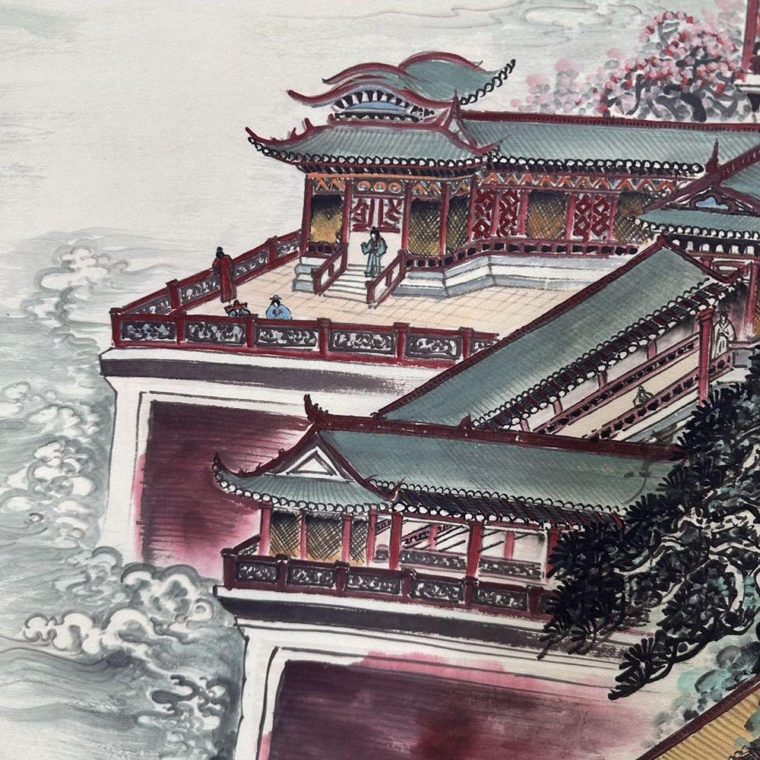 仇英 山水画 掛け軸 中堂 蓬莱仙境図 中国画 表装済 サイズ：77×175cm