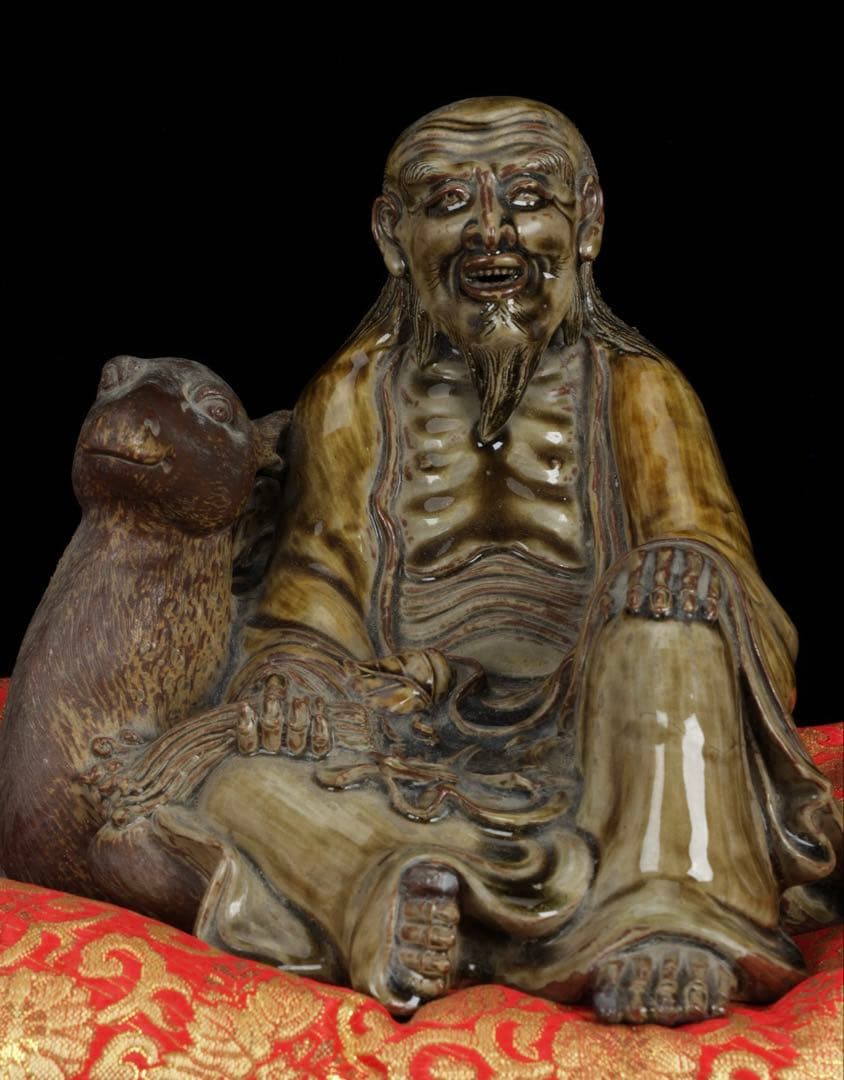 【古高取焼】鹿寿老像 七福神 長寿神 福禄寿 縁起物 置物 陶磁器 古作 共箱付