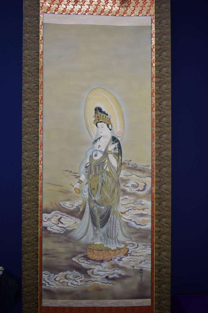 真作/翠峰/観音像図/桐共箱二重箱付/布袋屋掛軸HJ-217