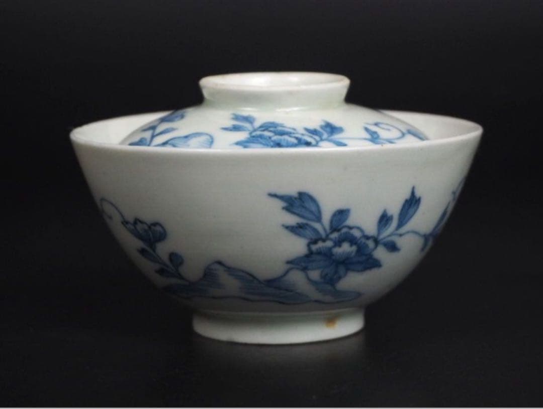 送料無料　江戸時代　青華染付蓋付茶碗５客　径7.6ｃｍ　小振り・極珍品