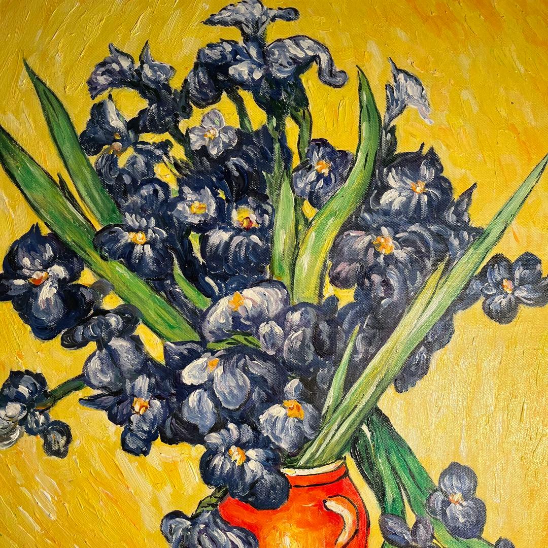 ★秀作★ 手書き油絵 ゴッホ アイリスのある花瓶 額付 絵画 インテリア 油彩画