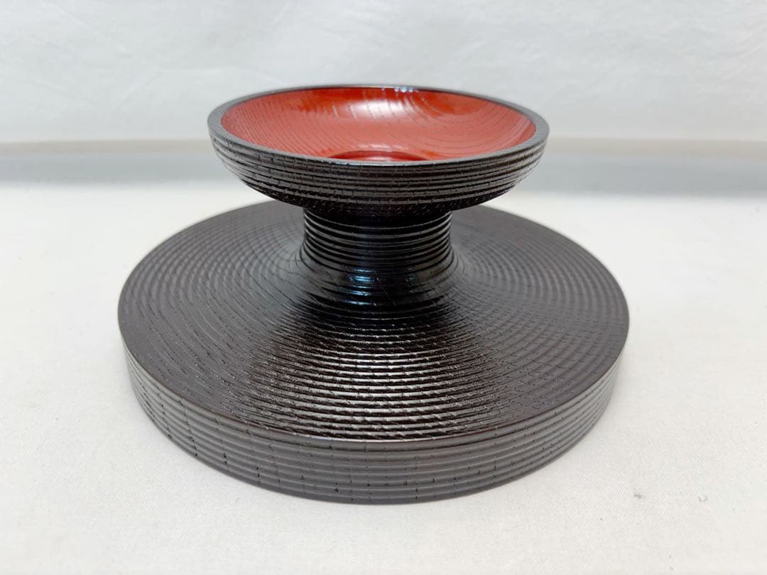 ほぼ未使用 茶道具 塗師川瀬表完作 ろくろ目 青漆菓子器 独楽菓子器 高杯 共箱