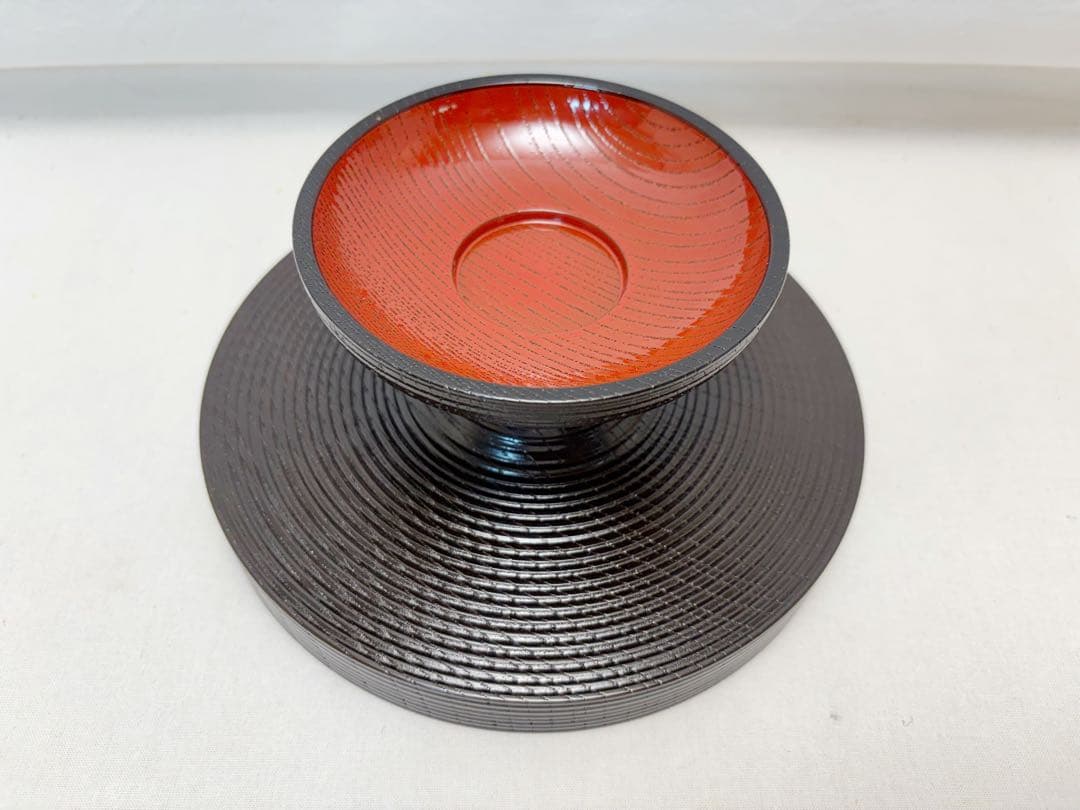 ほぼ未使用 茶道具 塗師川瀬表完作 ろくろ目 青漆菓子器 独楽菓子器 高杯 共箱