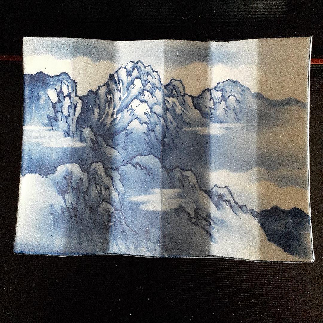 染め付け屏風形剣岳絵図角皿5客