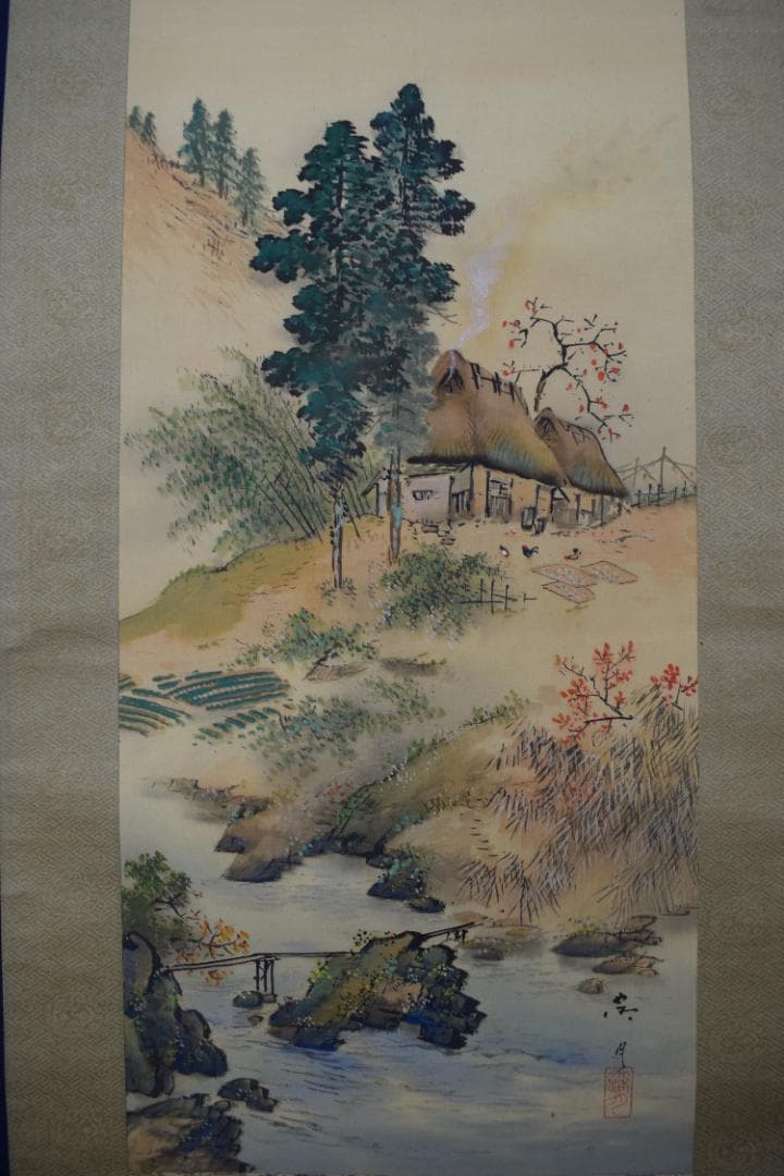 【真作】村田露月/青緑秋景山水図/秋景山家図/掛軸☆宝船☆Y-553　JM