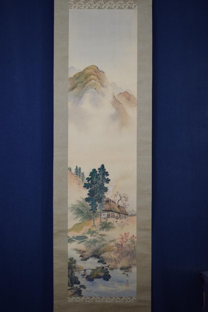 【真作】村田露月/青緑秋景山水図/秋景山家図/掛軸☆宝船☆Y-553　JM