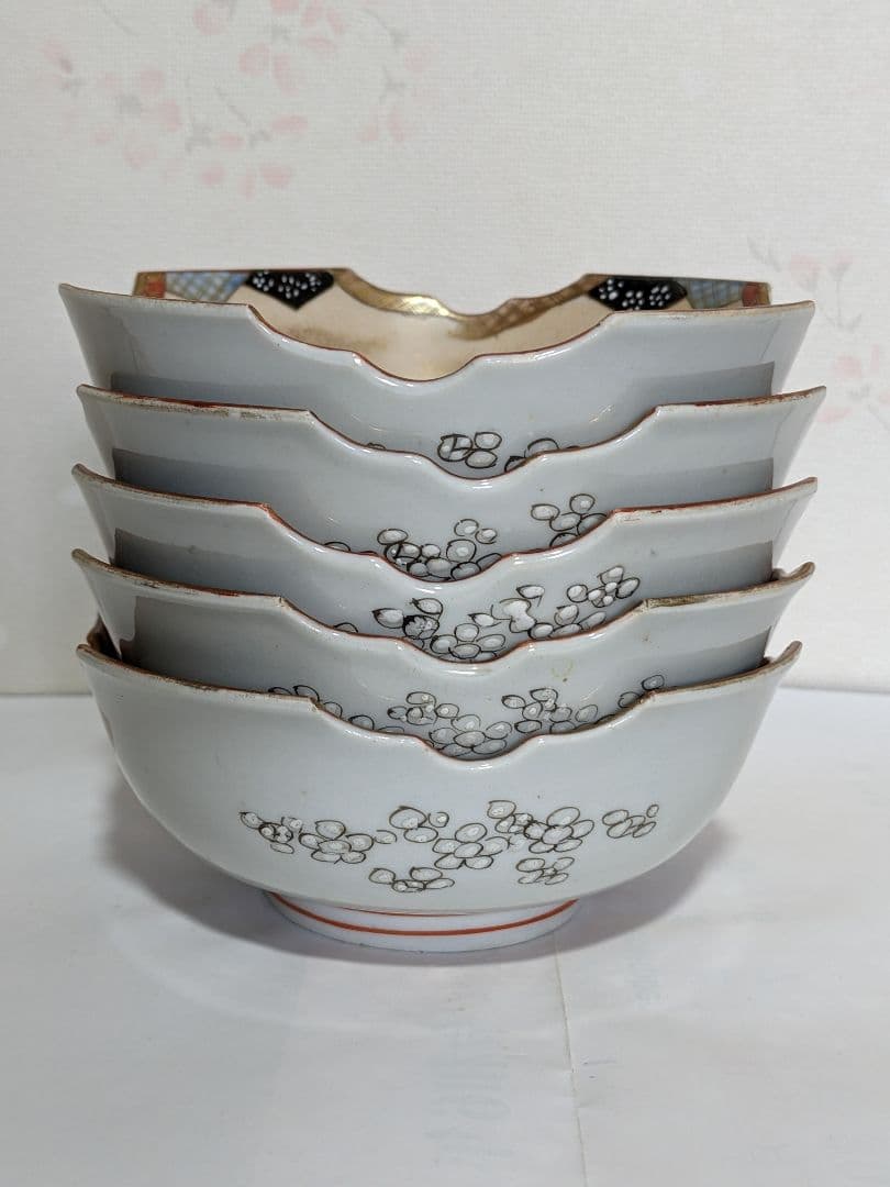 ♦九谷焼 明治時代 金彩色絵 団扇松鶴図 四方鉢 向付 茶道具 古美術 骨董品