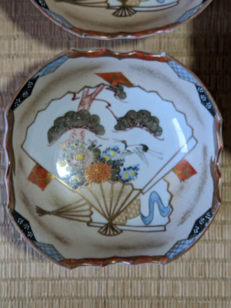 ♦九谷焼 明治時代 金彩色絵 団扇松鶴図 四方鉢 向付 茶道具 古美術 骨董品