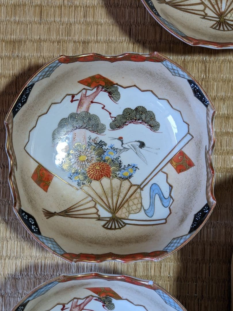♦九谷焼 明治時代 金彩色絵 団扇松鶴図 四方鉢 向付 茶道具 古美術 骨董品
