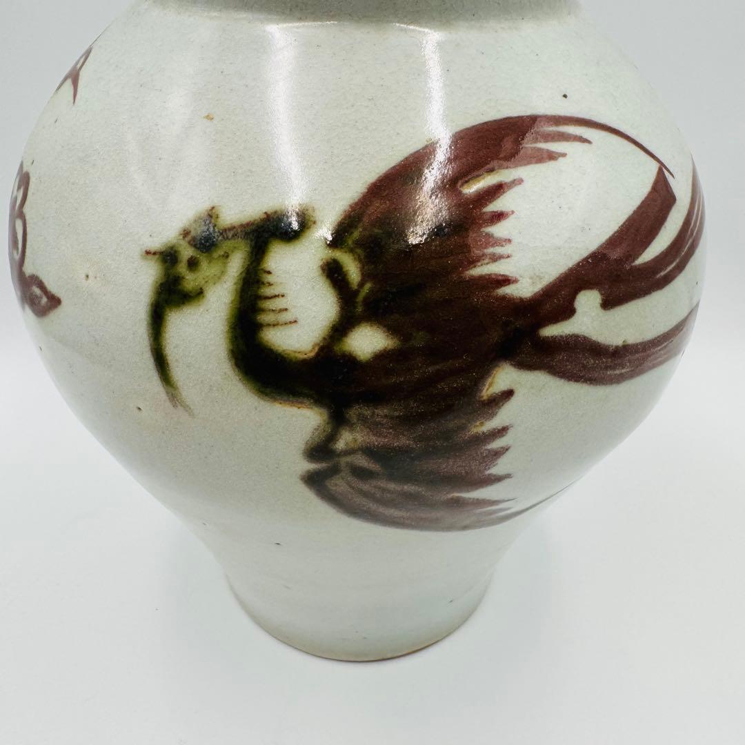 【安東五　李朝白磁辰砂花瓶　壺　鳳凰に雲　共箱】骨董　韓国美術