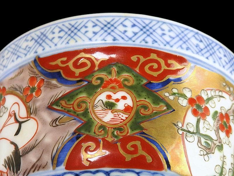 古伊万里　金襴手　双鶴に梅花の図　大振蓋茶碗　2客　D747AS-CHr