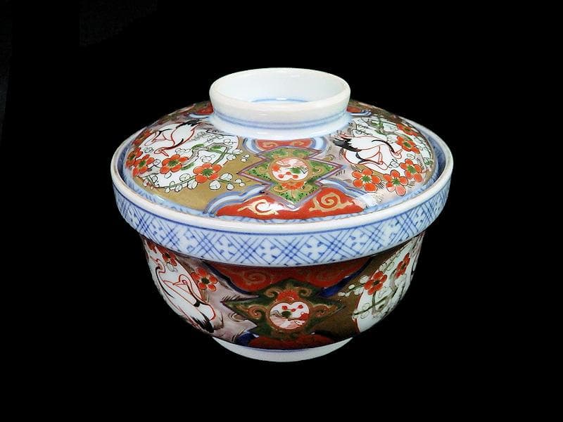 古伊万里　金襴手　双鶴に梅花の図　大振蓋茶碗　2客　D747AS-CHr