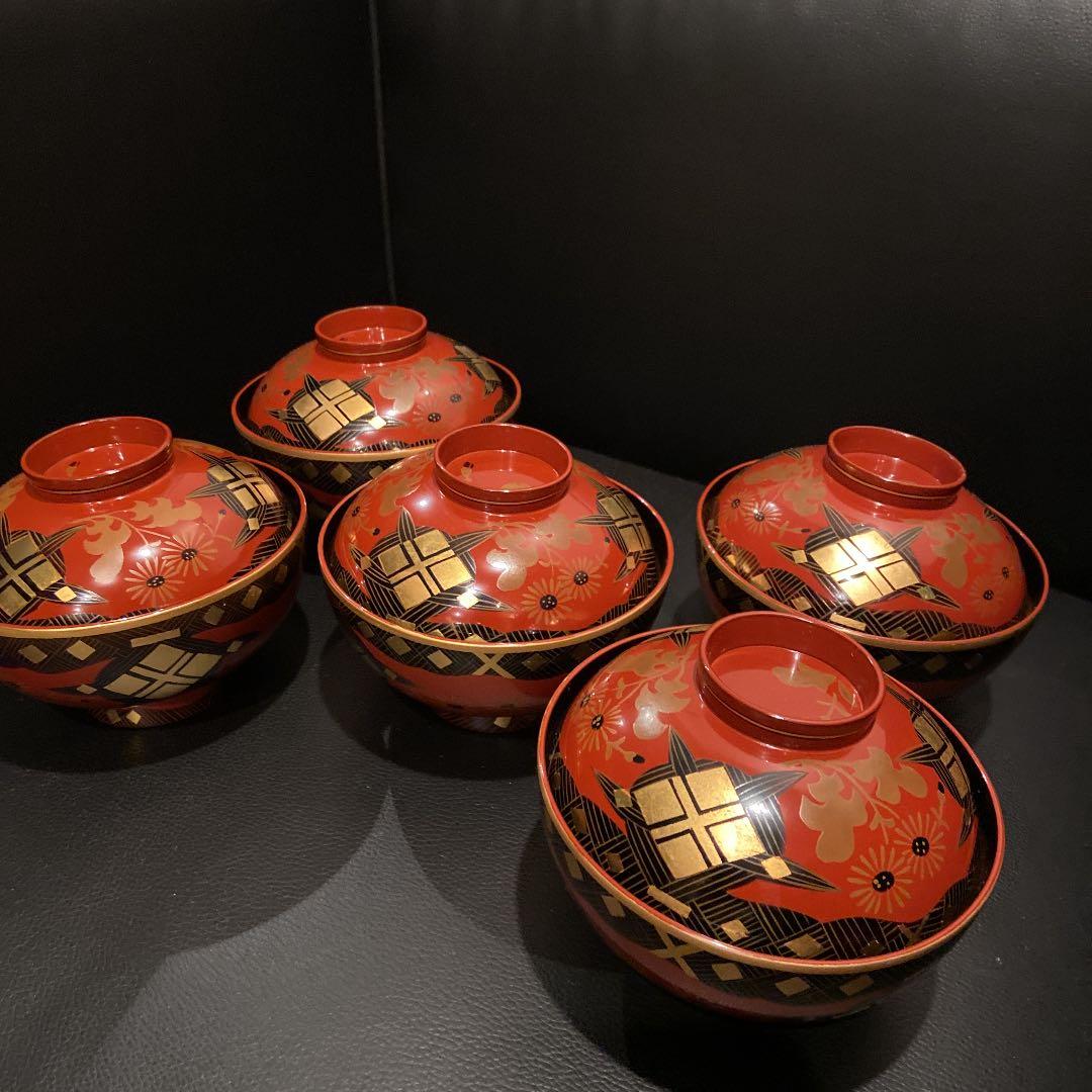 輪島塗 吉野絵蒔絵 吸物椀 共箱 美術漆器 布着本堅地 三幸堂 5客セット