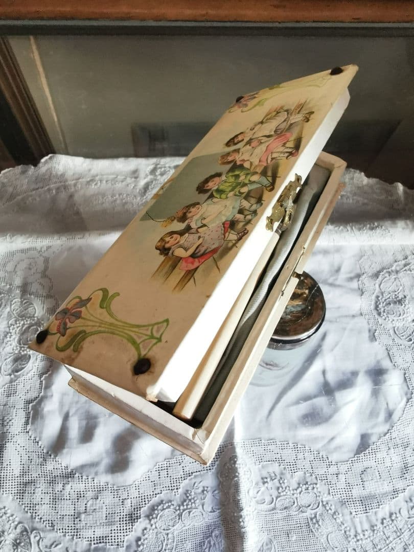 アンティークフランス インクペンケース 水色布張り少女イラスト パピエボックス