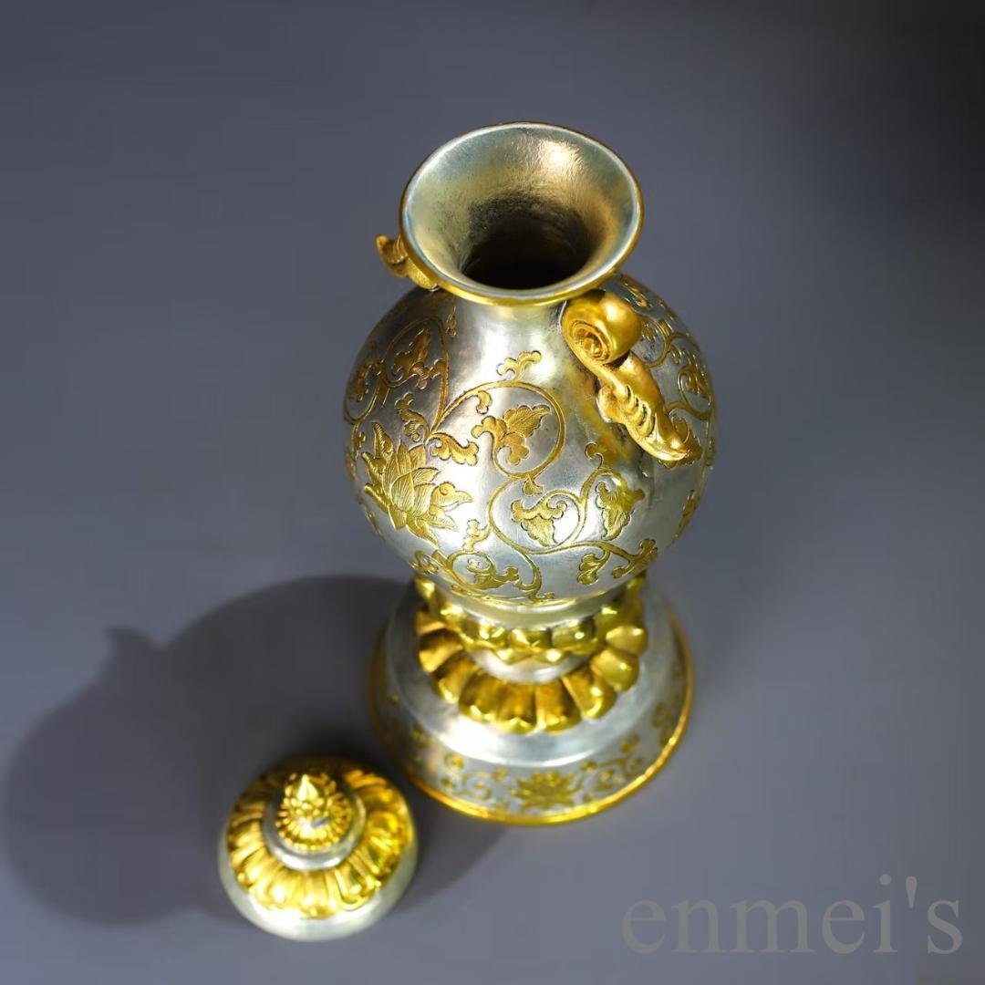 中国古美術 鍍金銅瓶 水差し 手彫り 鏨刻 純銅製 花器 床の間飾り 細工 置物
