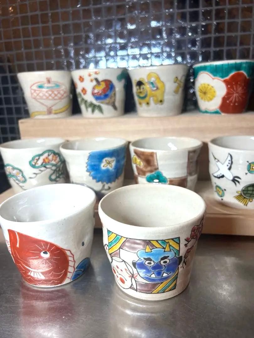 春夏秋冬 10点セット★希少 正月 季節の祝ごと 九谷焼 エクボ猪口 湯呑