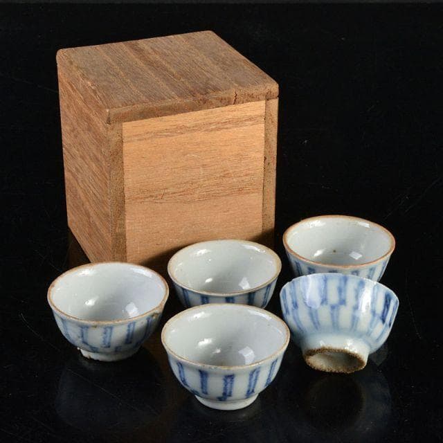 煎茶道具　南京染付　線文　茶杯　ぐい呑　五客　時代箱付　古玩