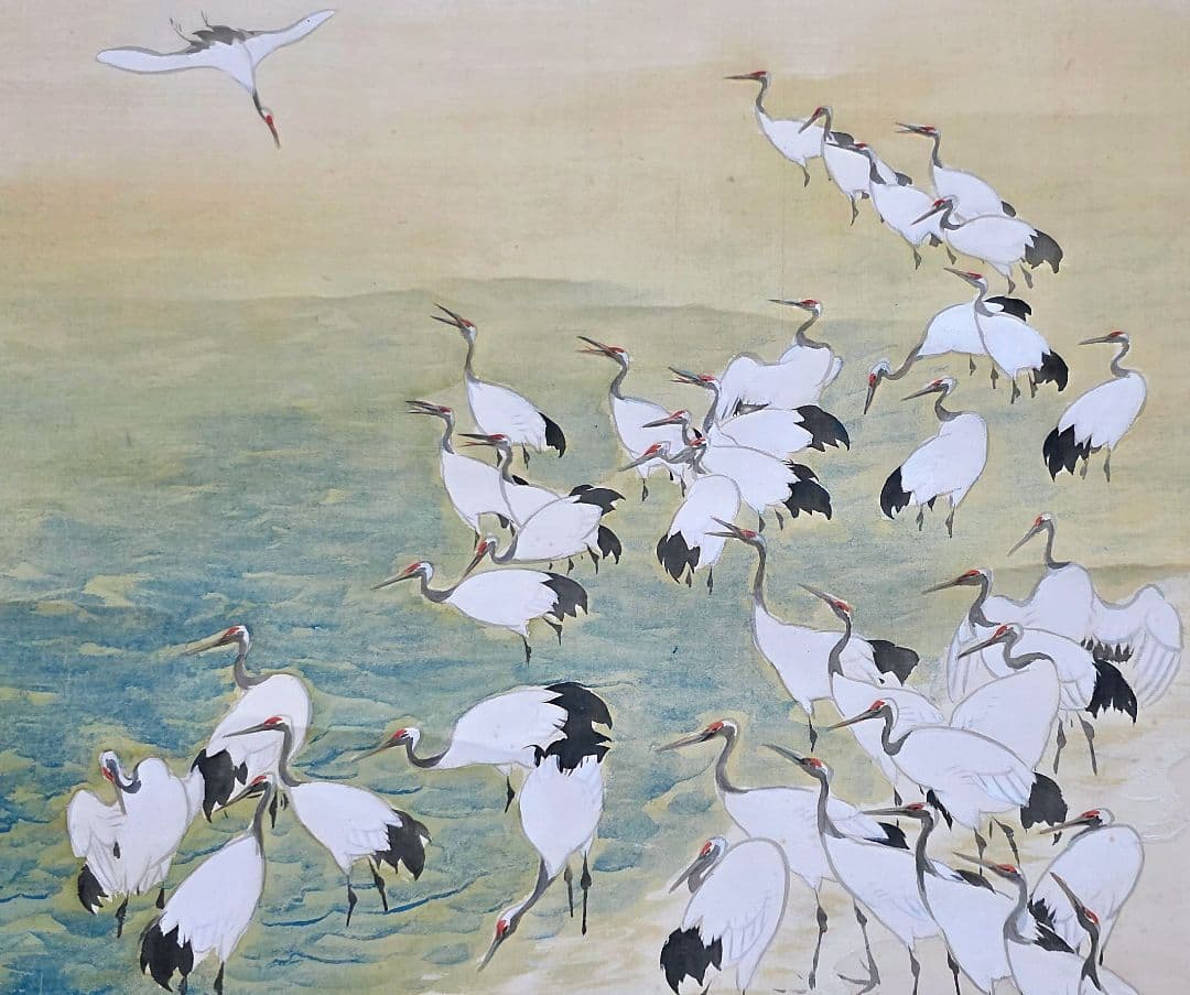 【百鶴図】岩田秀耕 2717 掛け軸 肉筆 正月 祝い事