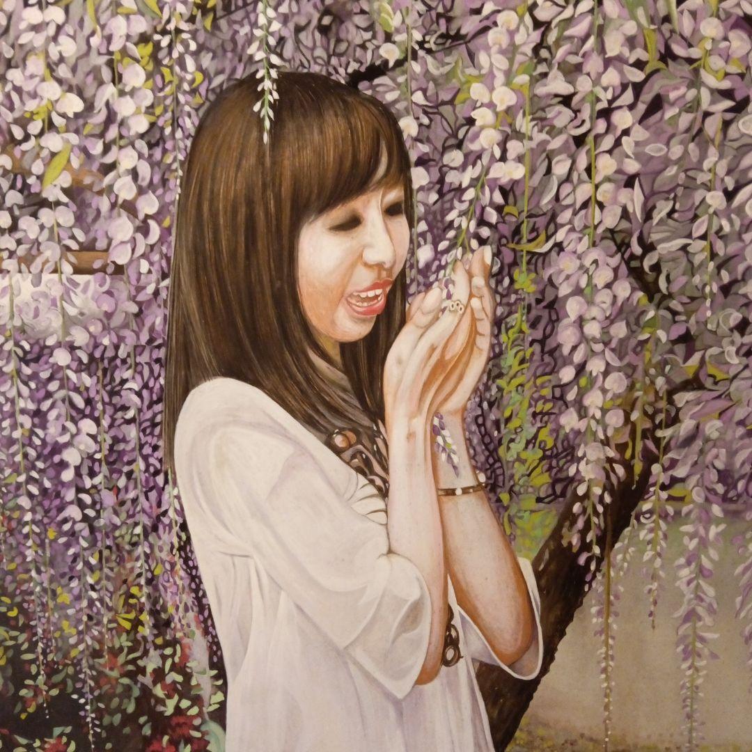 水彩画手描【藤の木の下で戯れる女性】縦７２X横幅６０センチみずみずしい木製パネル