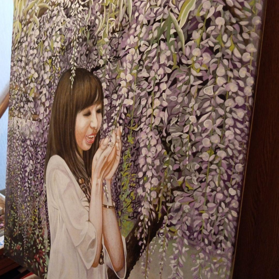 水彩画手描【藤の木の下で戯れる女性】縦７２X横幅６０センチみずみずしい木製パネル