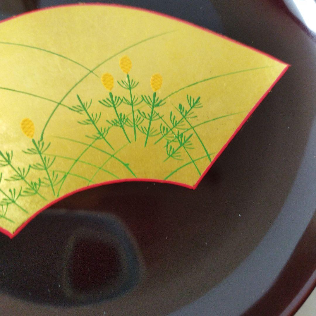 【未使用】漆　溜色　漆塗り　菓子皿　銘々皿　金箔　花柄　柄違い　５客　茶器