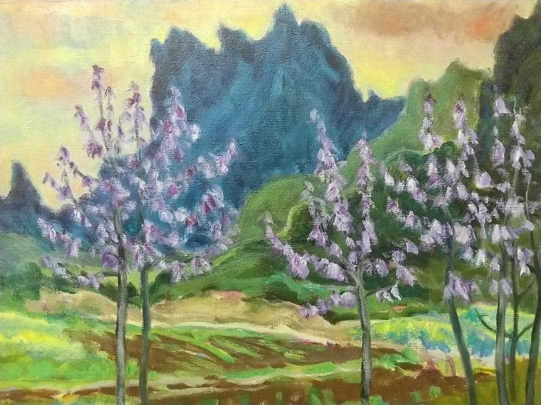 油絵「桐の花咲く妙義」B F8 絵画 油彩画 風景画 アート