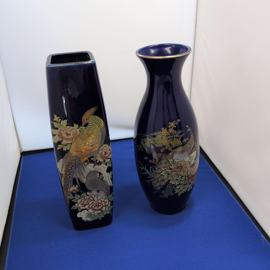 濃紺の陶器花瓶2点セット