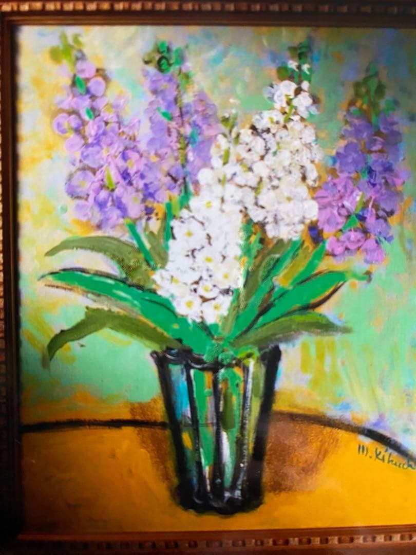 絵画　油絵　油彩画　「ストック」F12 菊地正則　美品　額付き　装飾品　送料無料