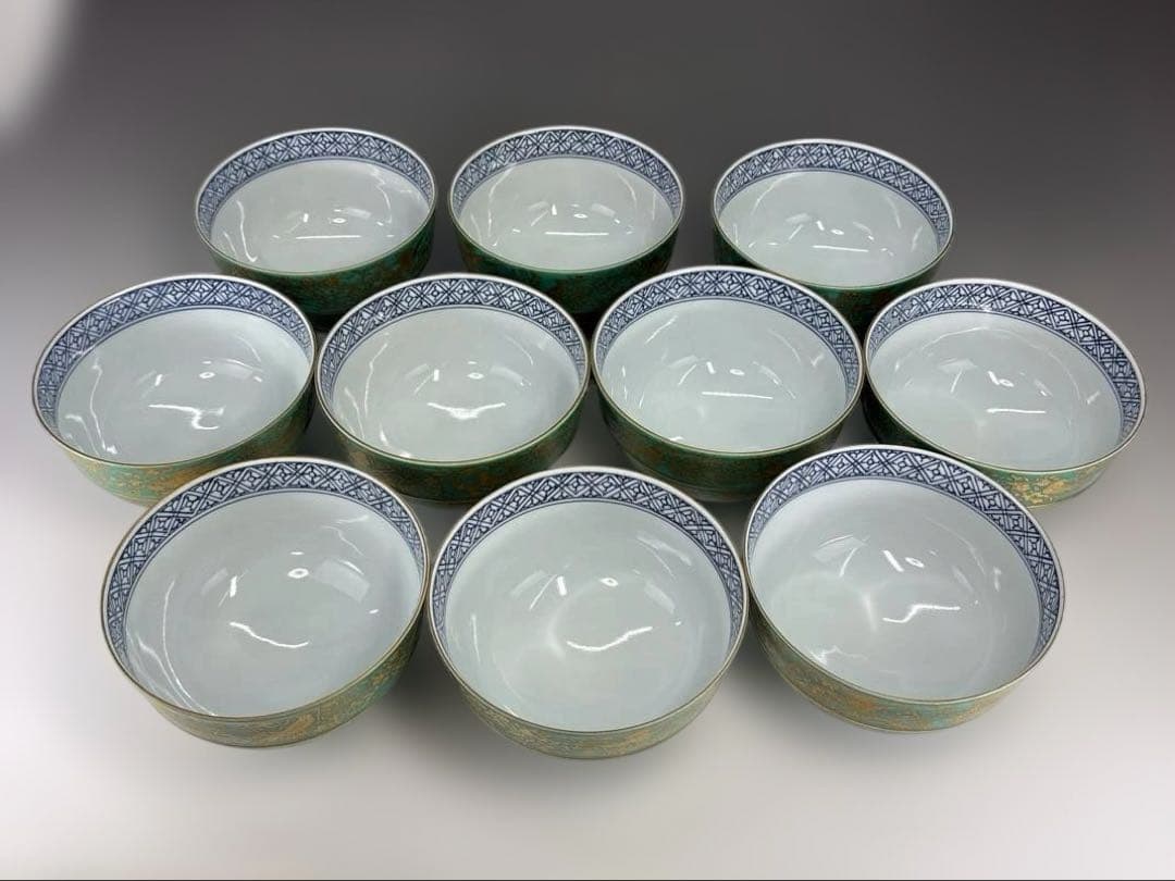 【茶道具】青地金襴手唐草蓋物十客（二個蓋無し）