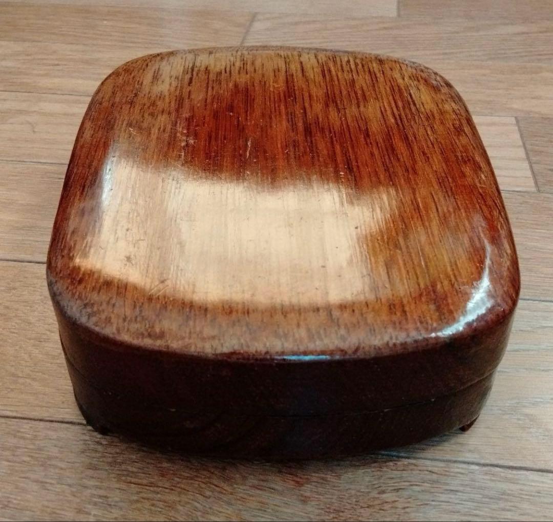 中国骨董大きめ端州石硯【中国端渓梅花坑四辺細工彫刻梅鶯図貴重紫端古硯】唐木硯箱付