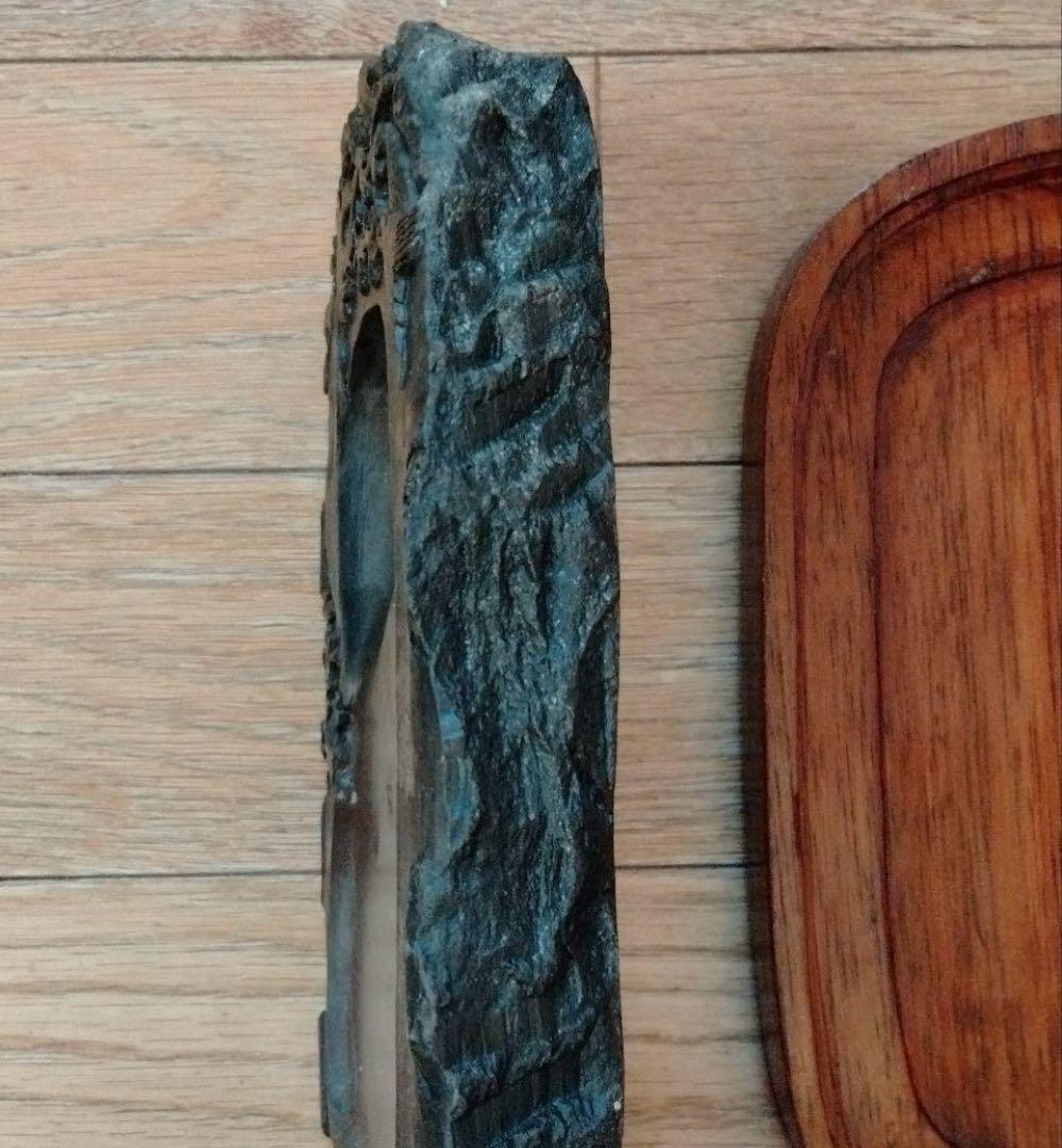 中国骨董大きめ端州石硯【中国端渓梅花坑四辺細工彫刻梅鶯図貴重紫端古硯】唐木硯箱付