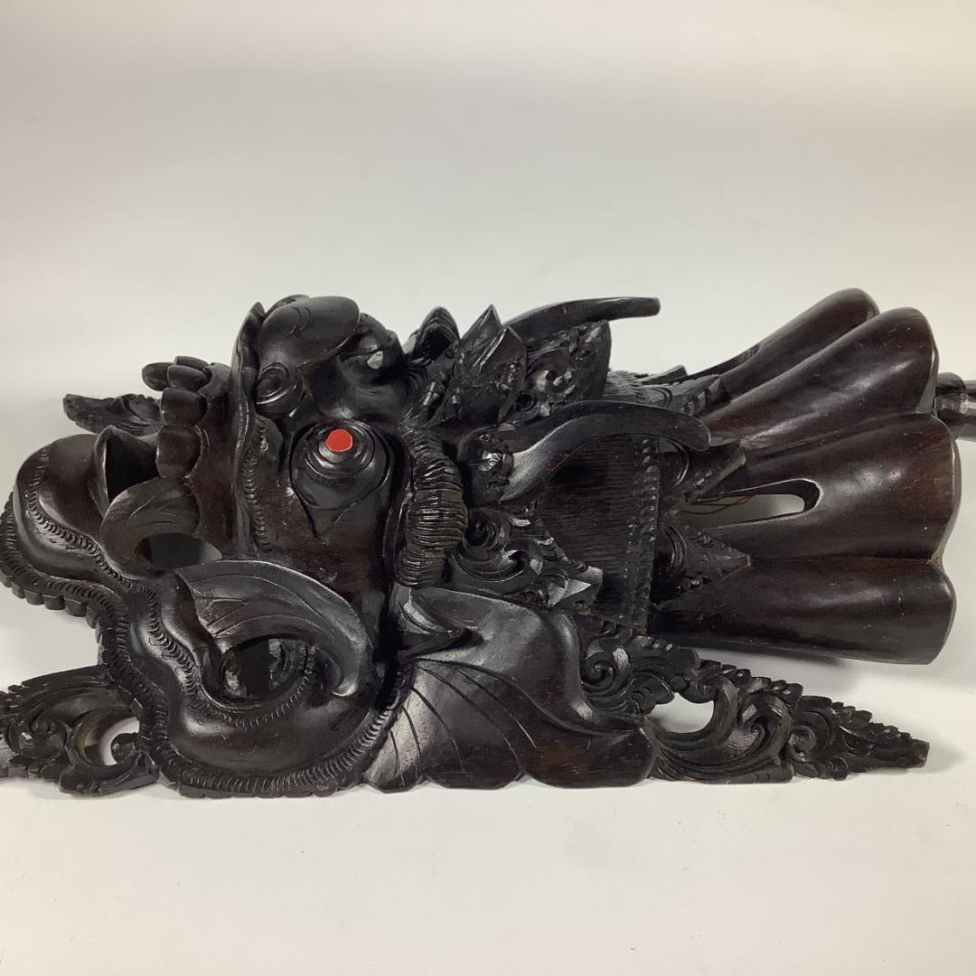 木彫 魔神面 壁掛け彫刻 重厚彫り 全長39.5cm 重量約1.15kg