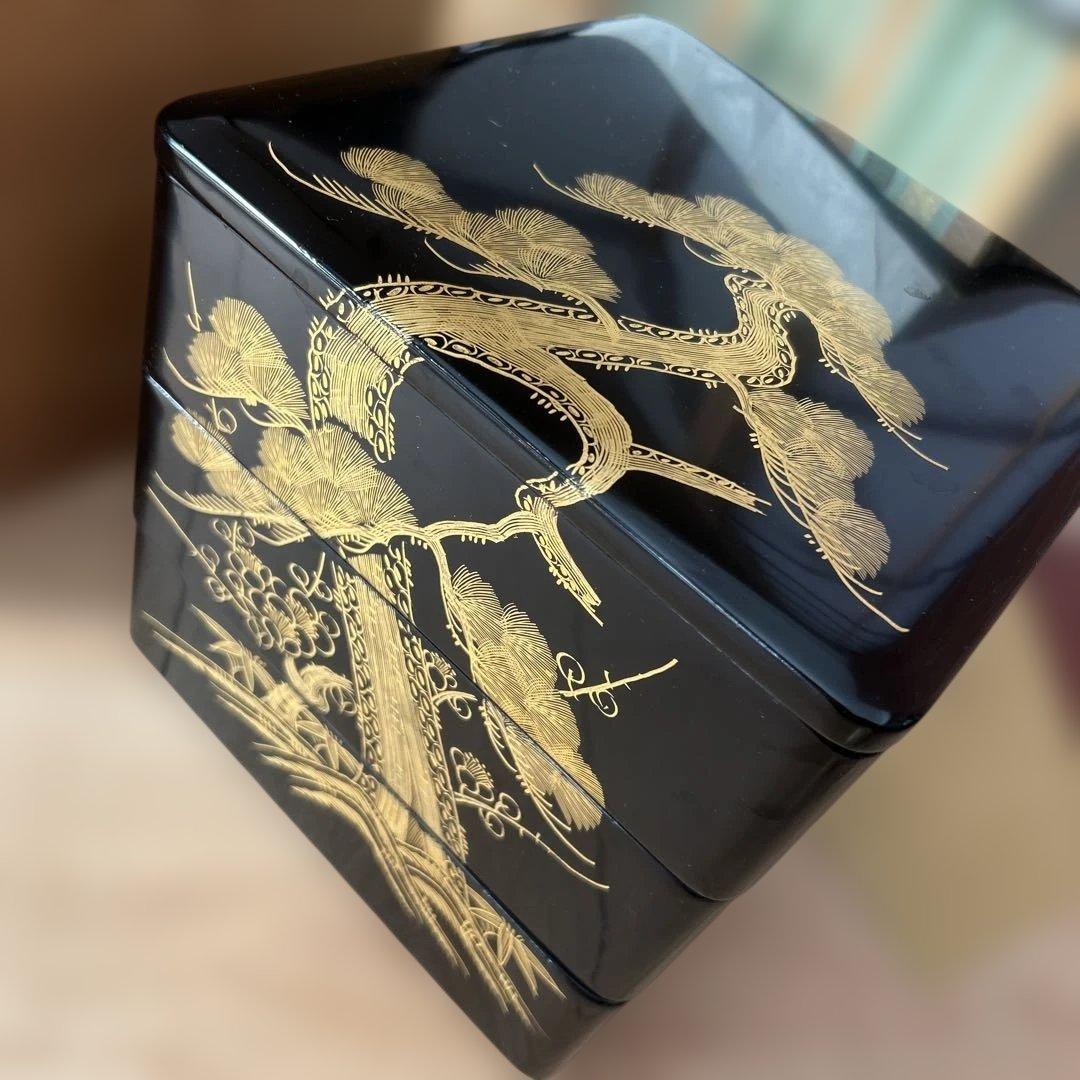 三段重箱 沈金松竹梅 黒 木製 漆塗りお重箱 大五　本重